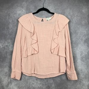 Lucky Brand Blouse Pink Ruffled Boho Long Sleeves Cotton Comfy Size Small
